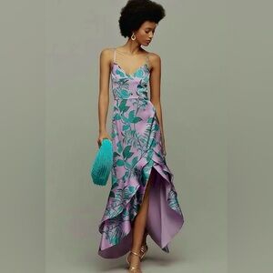 Hutch Angel Tropical Print Satin High-Low Dress